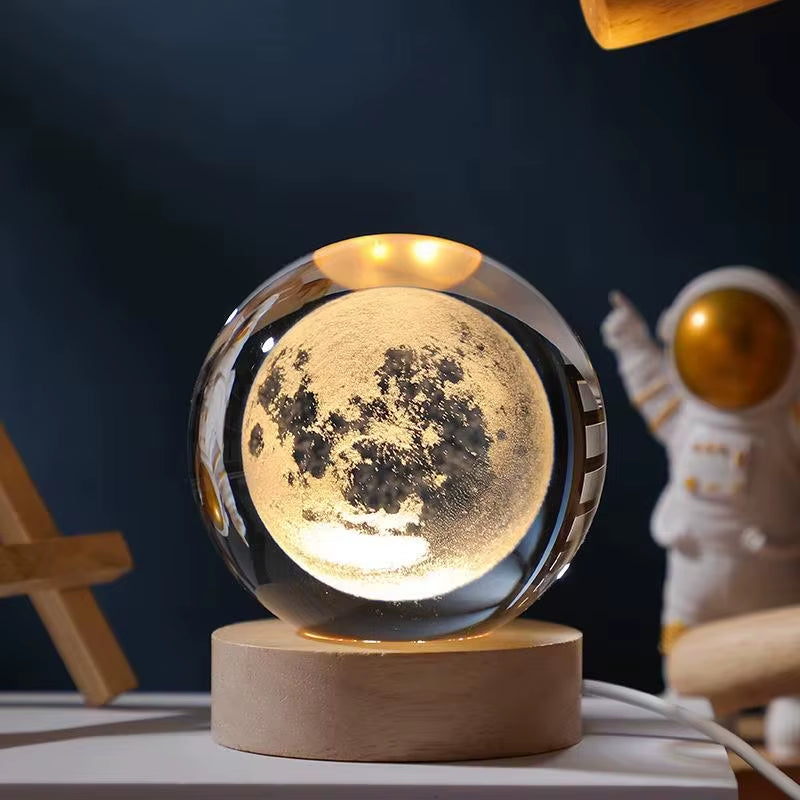 Glowing Moon & Planet LED Lamp – 3D Solar System Crystal Night Light