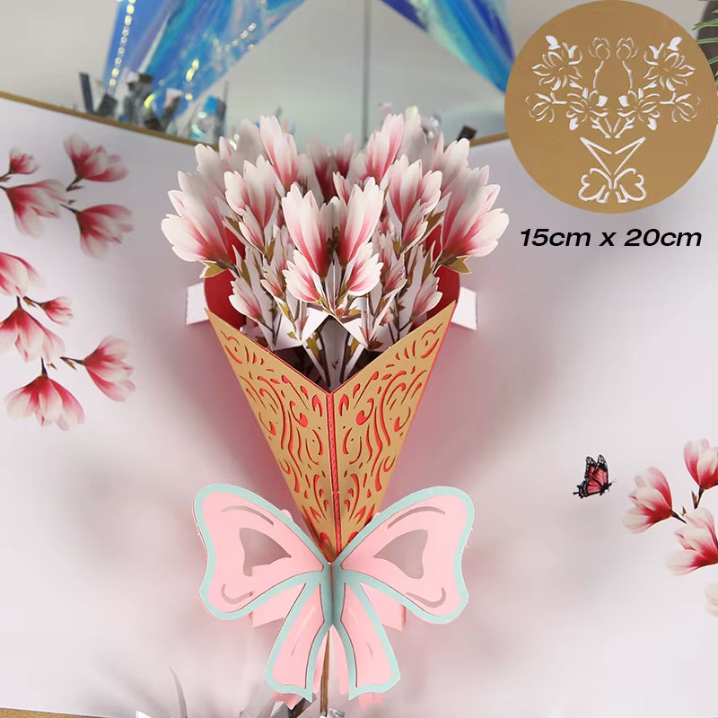3D Pop up Flower Bouquet Cards Birthday Greeting Card Handmade Butterfly Thank You Postcard for Wife Mom Girlfriend Teacher Gift