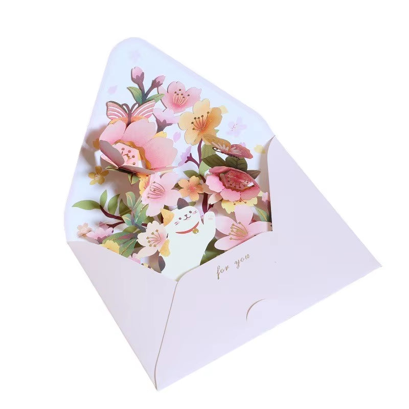 New Romantic Flower Birthday Christmas Card 3D Pop-Up Greeting Cards Set Postcard Party Wedding Decor Creative Gifts Cards