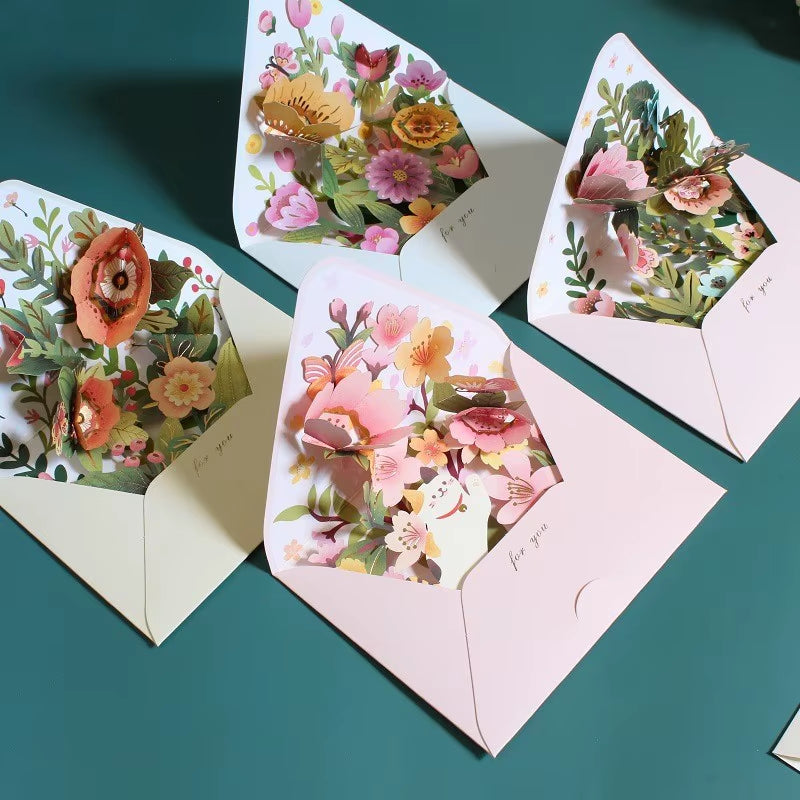 New Romantic Flower Birthday Christmas Card 3D Pop-Up Greeting Cards Set Postcard Party Wedding Decor Creative Gifts Cards
