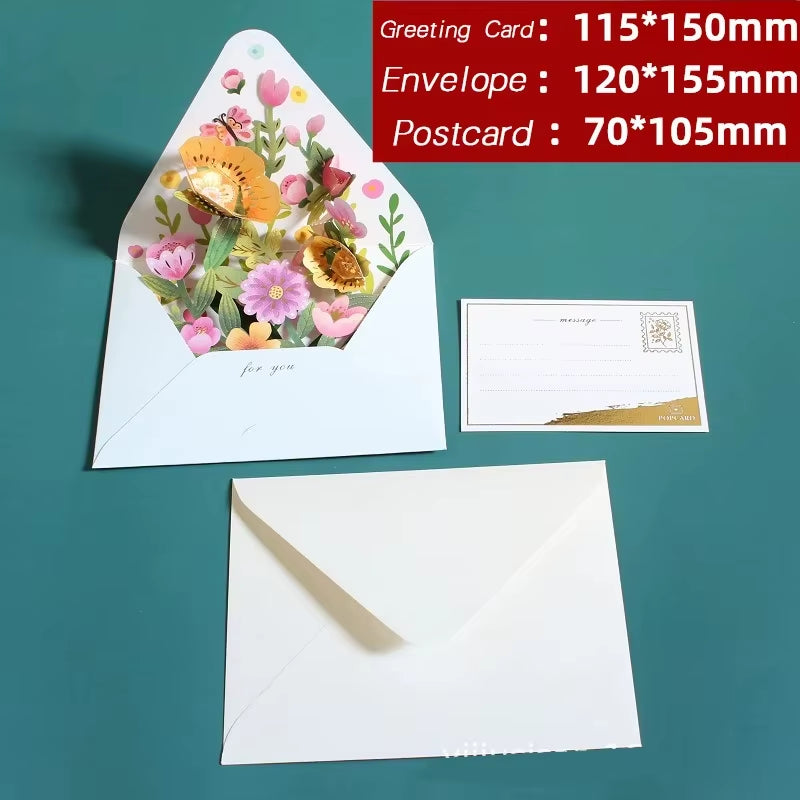 New Romantic Flower Birthday Christmas Card 3D Pop-Up Greeting Cards Set Postcard Party Wedding Decor Creative Gifts Cards